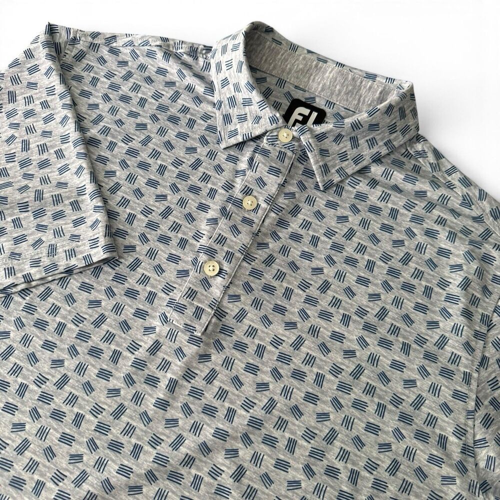 Footjoy Golf Polo Men L Gray Abstract Print AOP Blue Accent Performance Stretch
